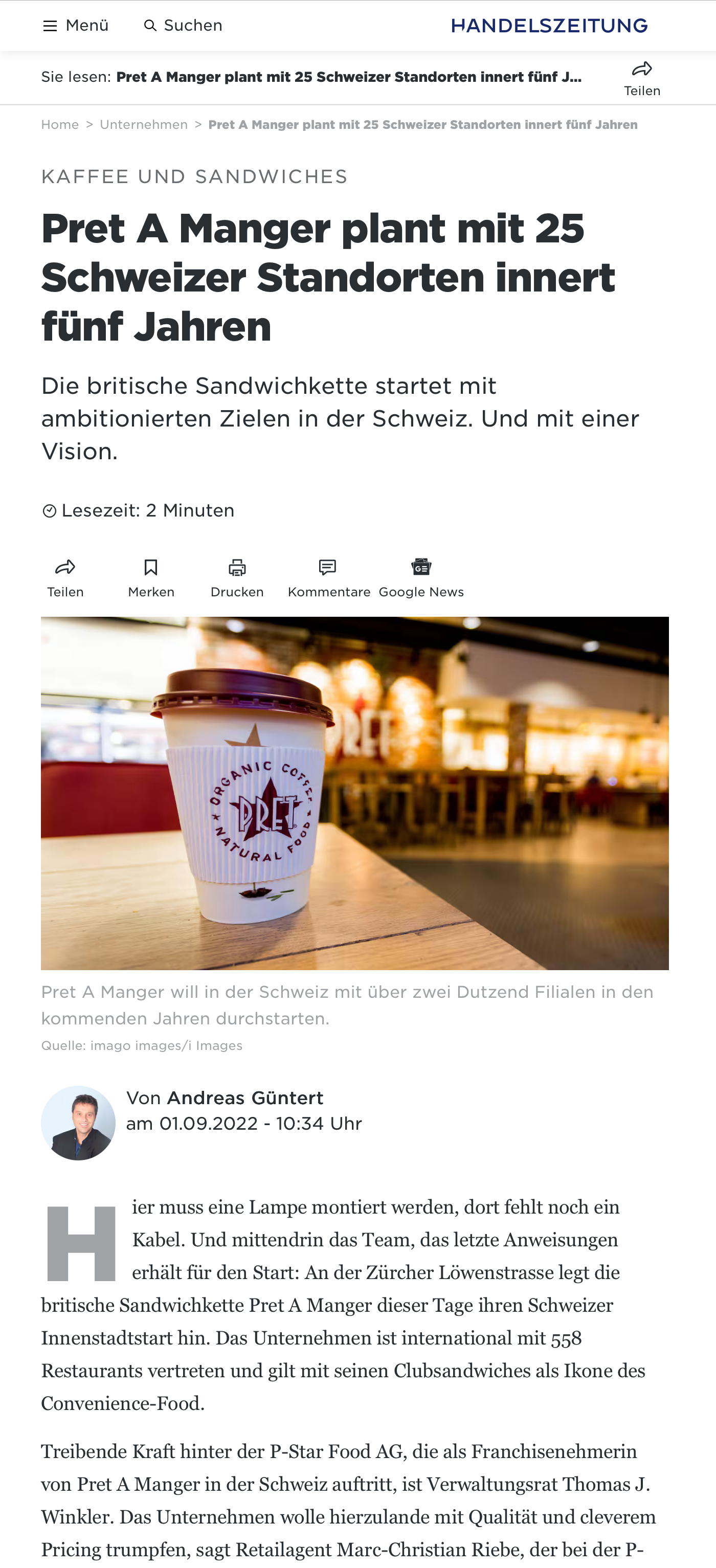 Pret A Manger plant mit 25 Schweizer Standorten