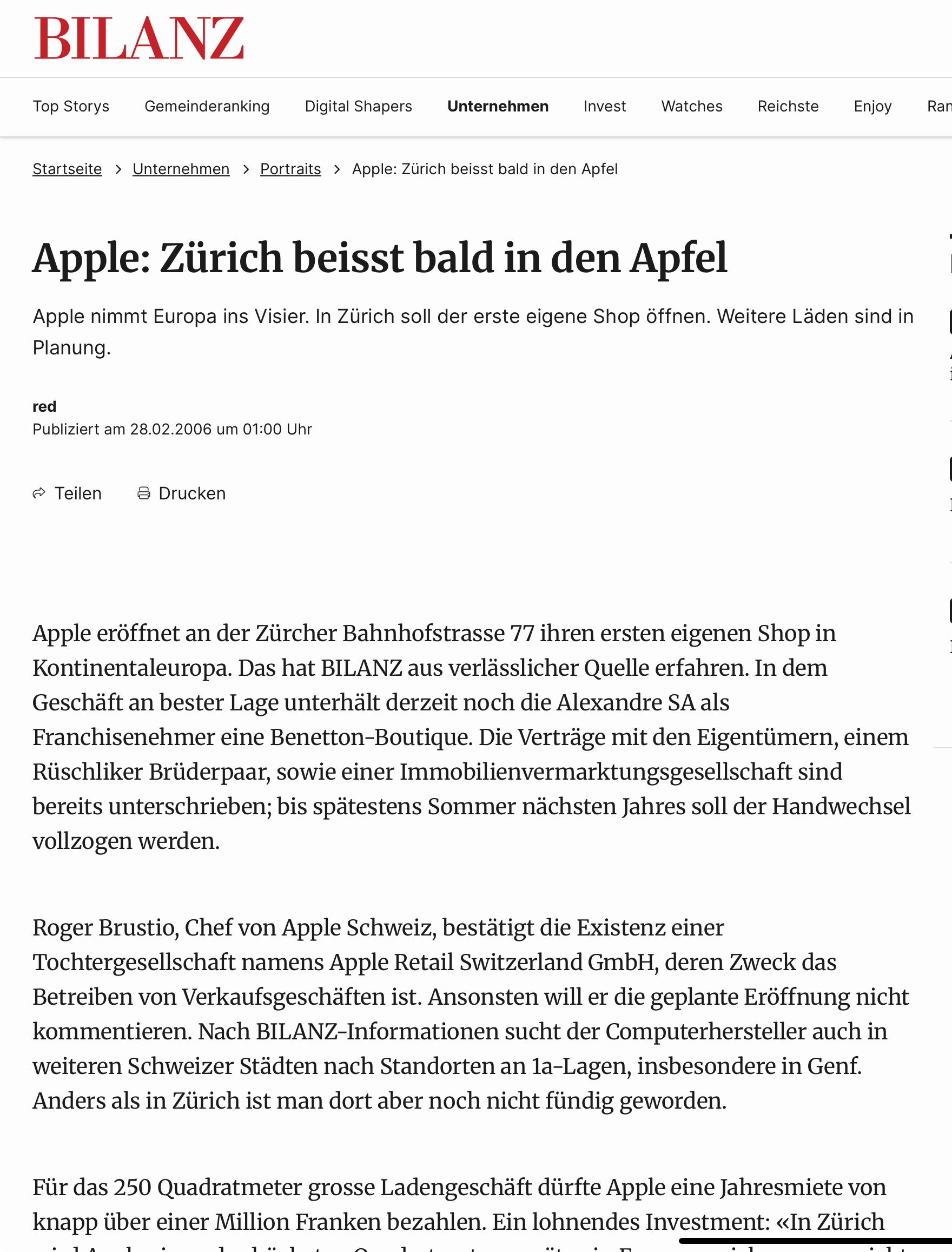 Apple: Zürich beisst bald in den Apfel