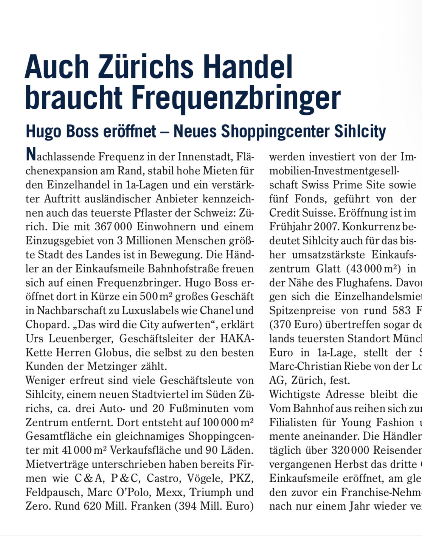 Auch Zürichs Handel braucht Frequenzbringer