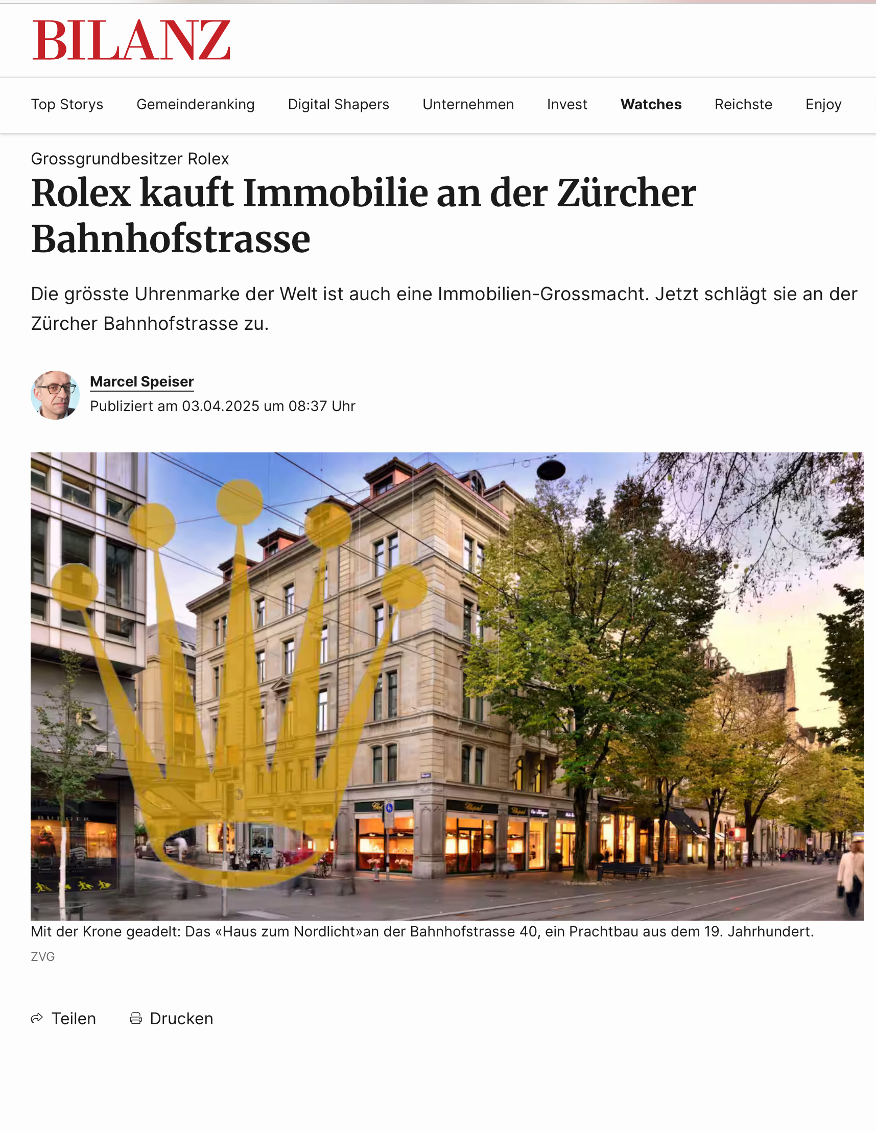 Rolex kauft Immobilie an der Zürcher Bahnhofstrasse